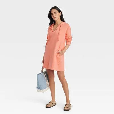 New - Universal Thread Women's Fleece Tunic Hooded Dress Long Sleeve, Coral Orange, M