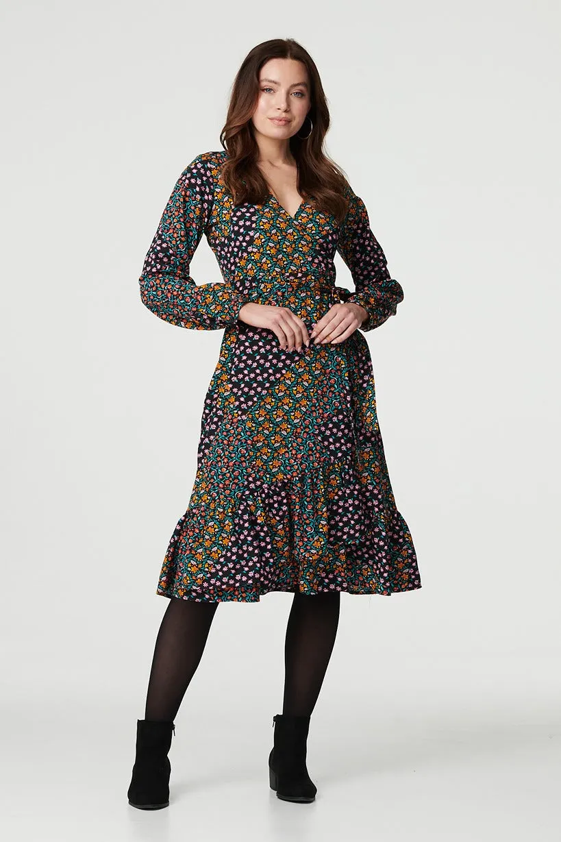 Patchwork Print Ruffled Wrap Dress