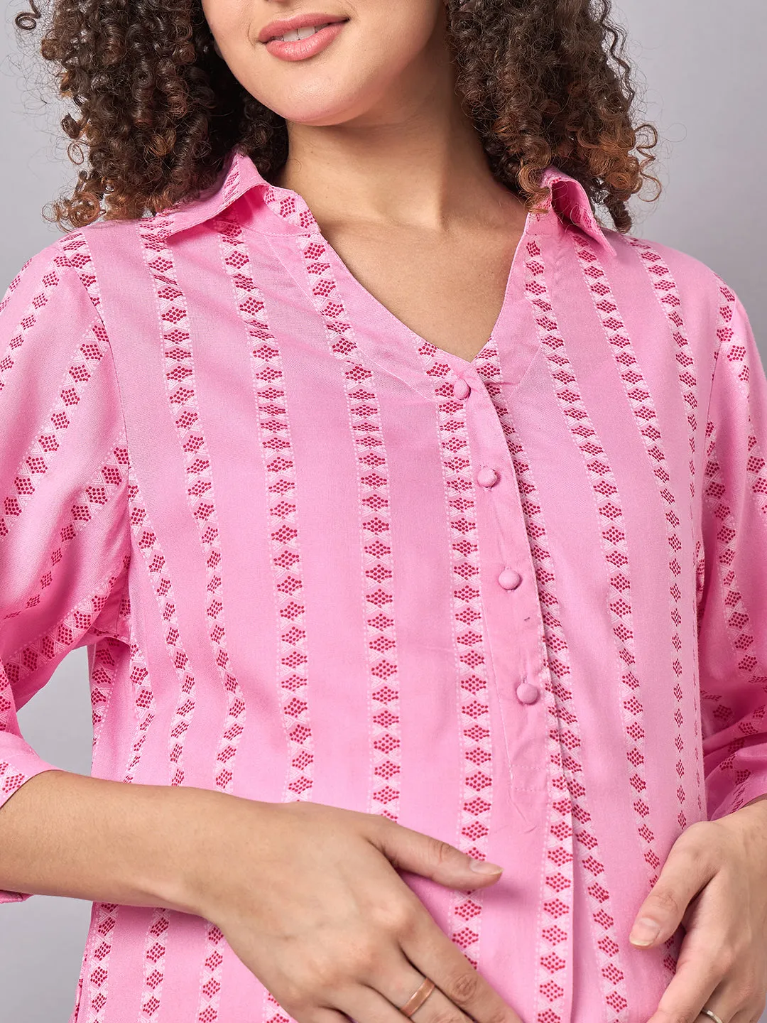 Pink Color Shirt Collar Maternity & Nursing Kurta Set