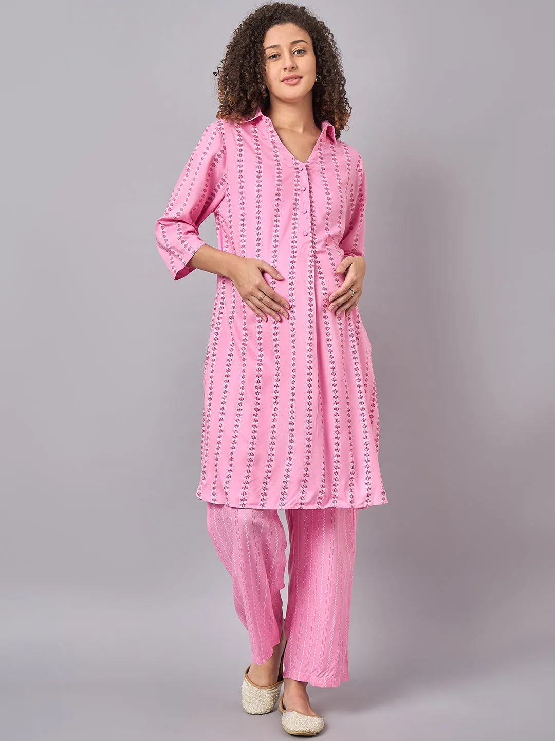 Pink Color Shirt Collar Maternity & Nursing Kurta Set