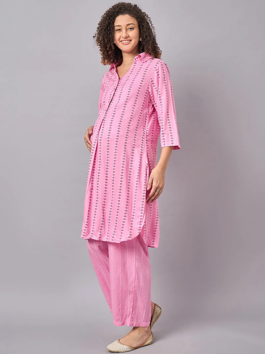 Pink Color Shirt Collar Maternity & Nursing Kurta Set