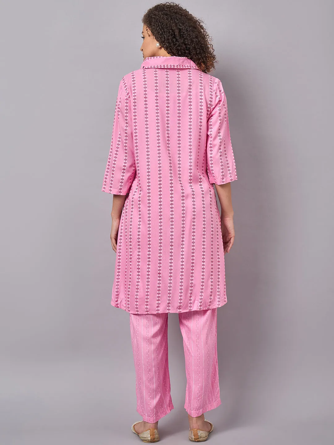 Pink Color Shirt Collar Maternity & Nursing Kurta Set