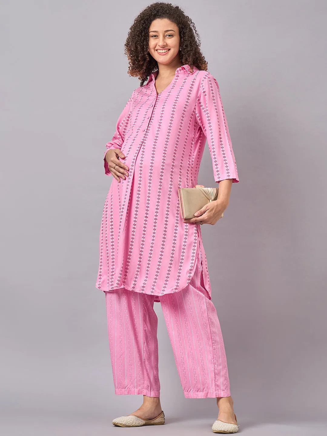 Pink Color Shirt Collar Maternity & Nursing Kurta Set