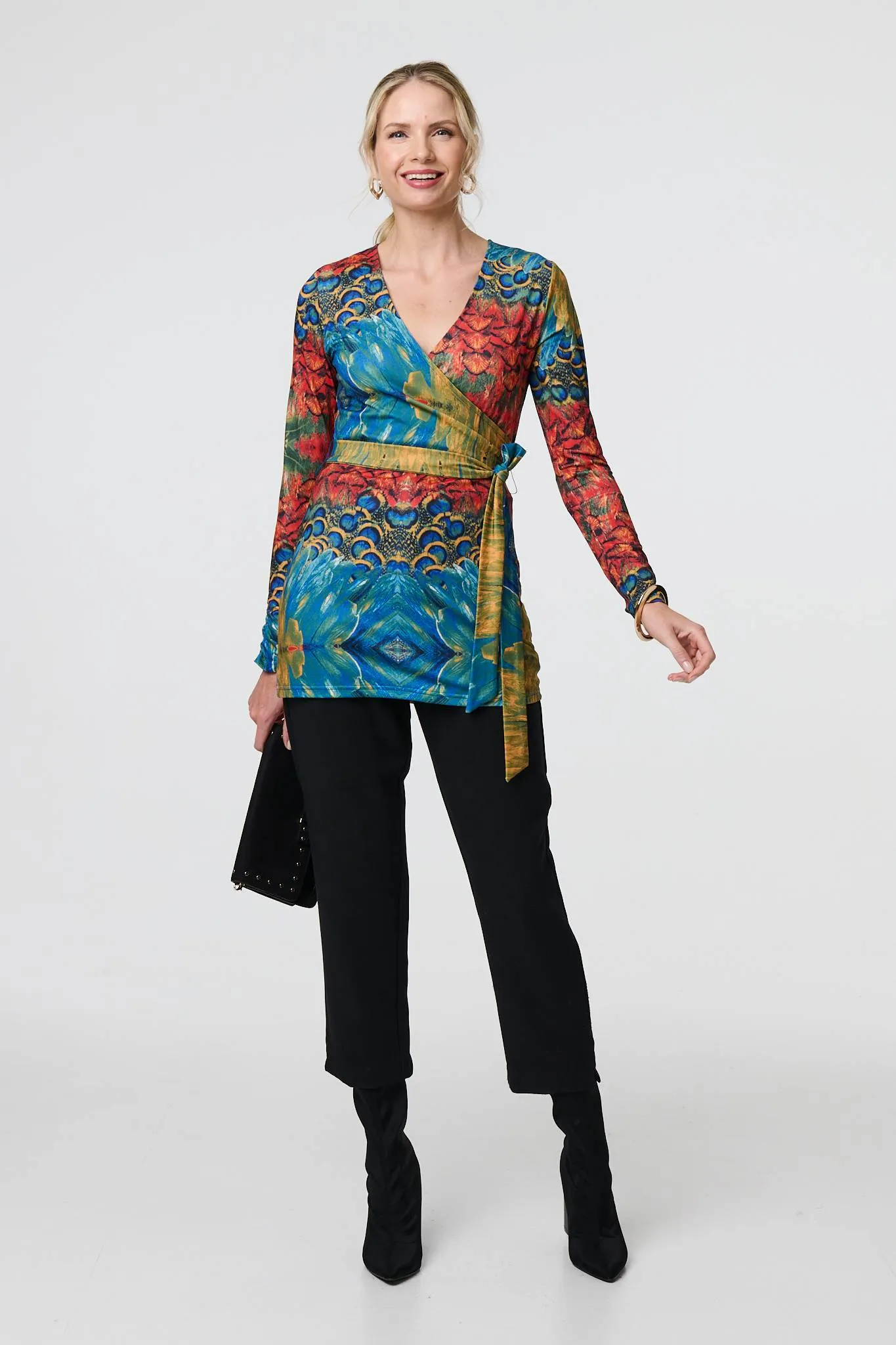 Printed Tie Waist Long Sleeve Wrap Tunic Top