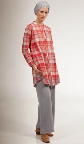 Sabeen Long Cotton Plaid Embroidered Tunic Dress - Clay - FINAL SALE