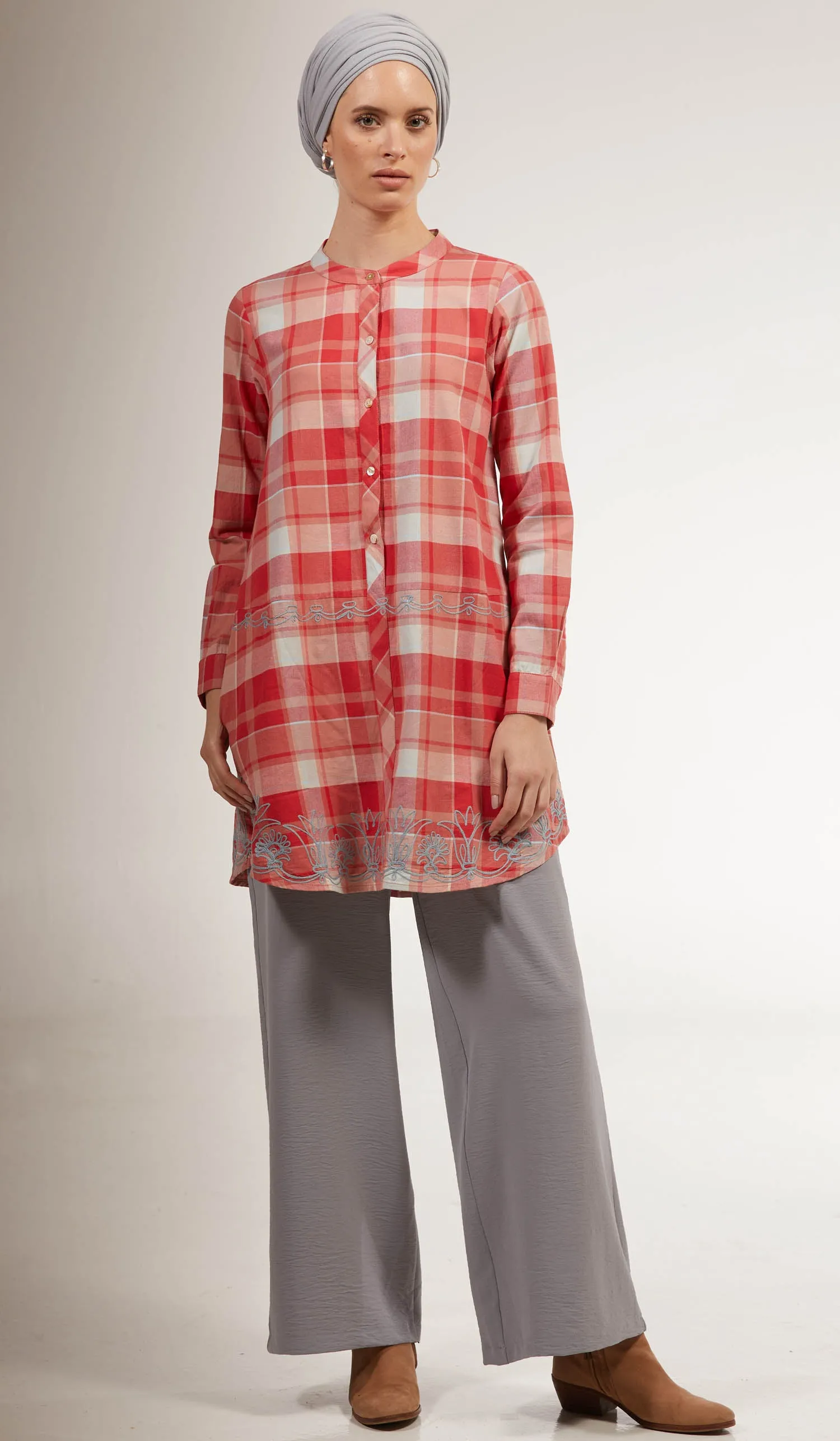 Sabeen Long Cotton Plaid Embroidered Tunic Dress - Clay - FINAL SALE