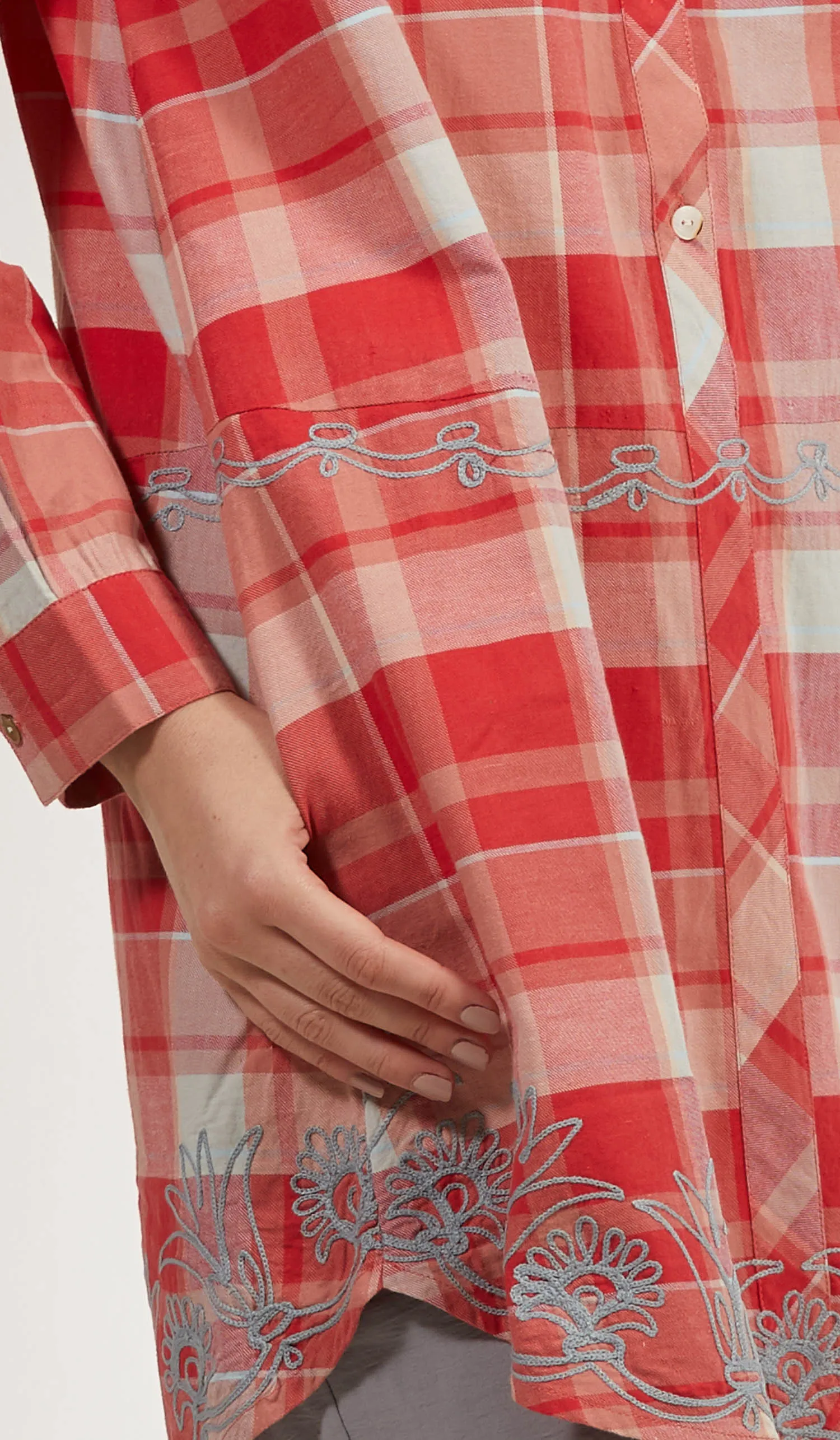 Sabeen Long Cotton Plaid Embroidered Tunic Dress - Clay - FINAL SALE