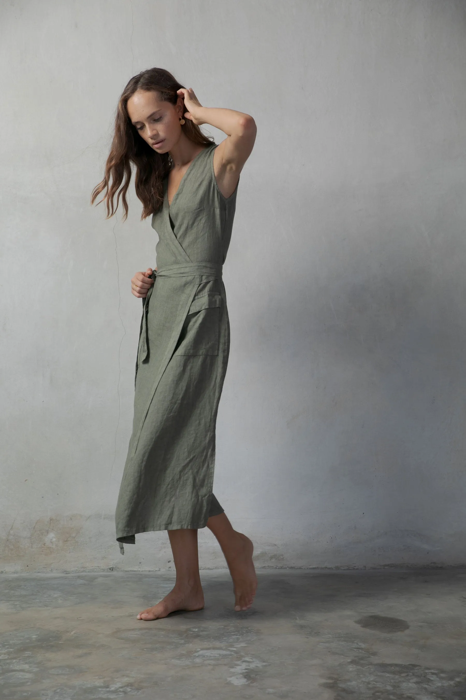 Safari Linen Wrap Dress Khaki