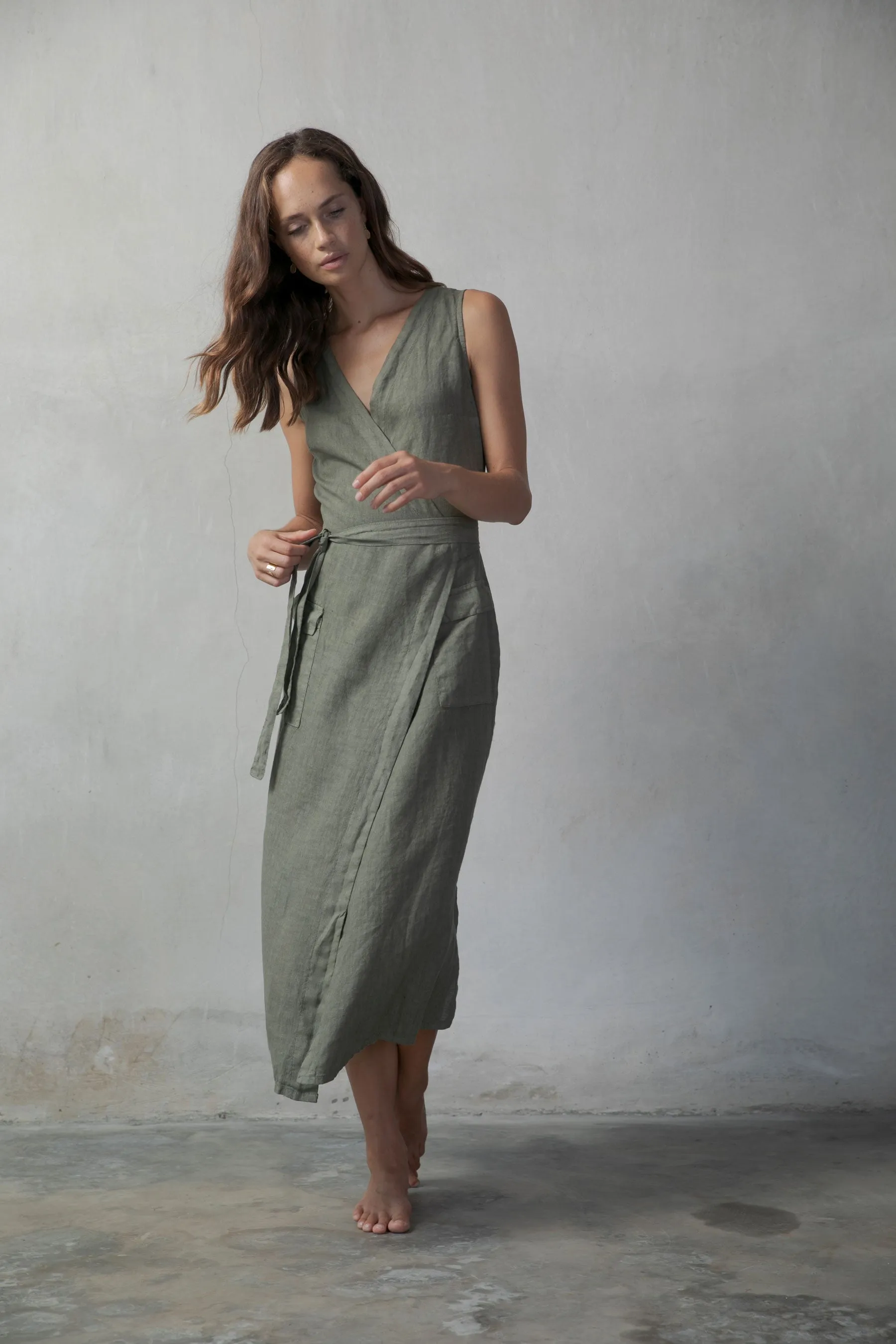 Safari Linen Wrap Dress Khaki