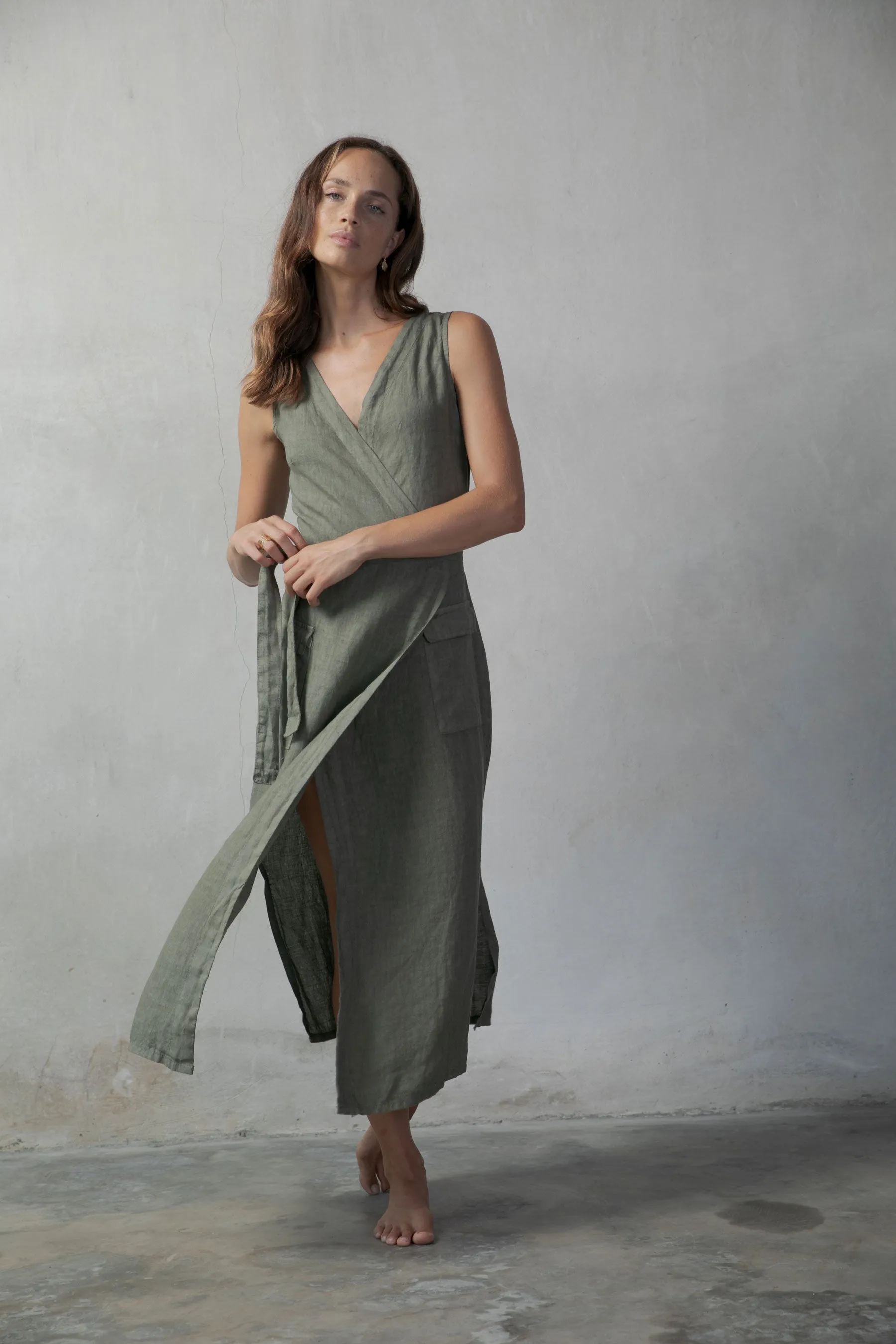 Safari Linen Wrap Dress Khaki