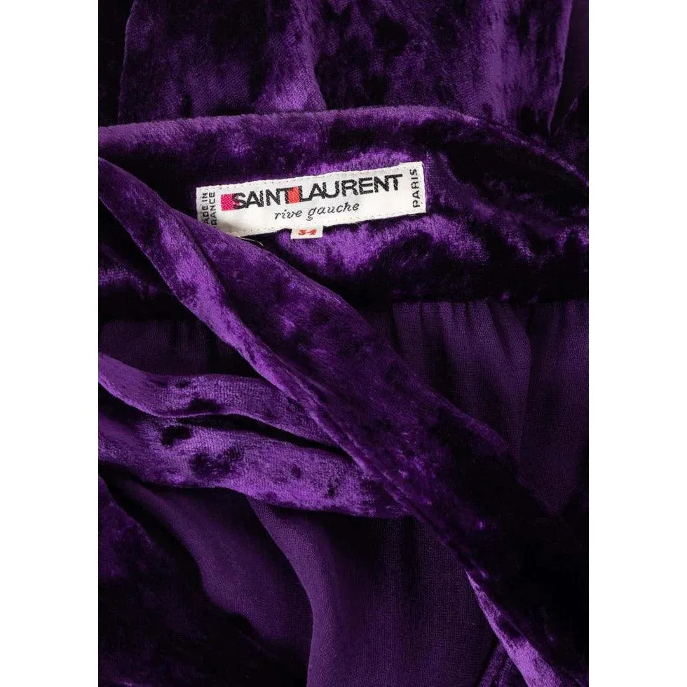 SAINT LAURENT Purple Crushed Velvet Plunge Wrap Dress Ysl Runway, 1985 | Size 34 FR