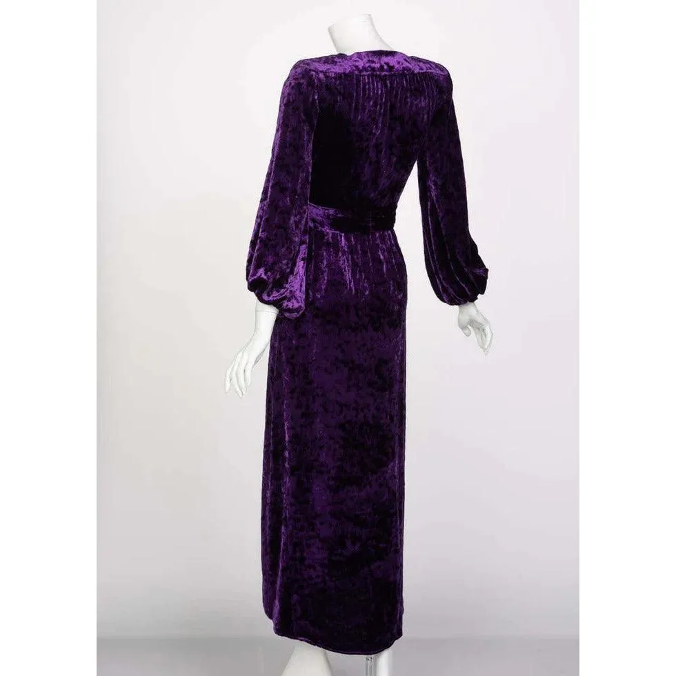 SAINT LAURENT Purple Crushed Velvet Plunge Wrap Dress Ysl Runway, 1985 | Size 34 FR