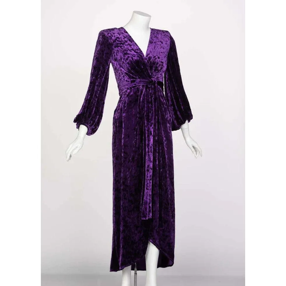 SAINT LAURENT Purple Crushed Velvet Plunge Wrap Dress Ysl Runway, 1985 | Size 34 FR