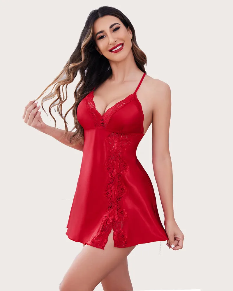 Satin Lace Nightgown V Neck Full Slips Dress