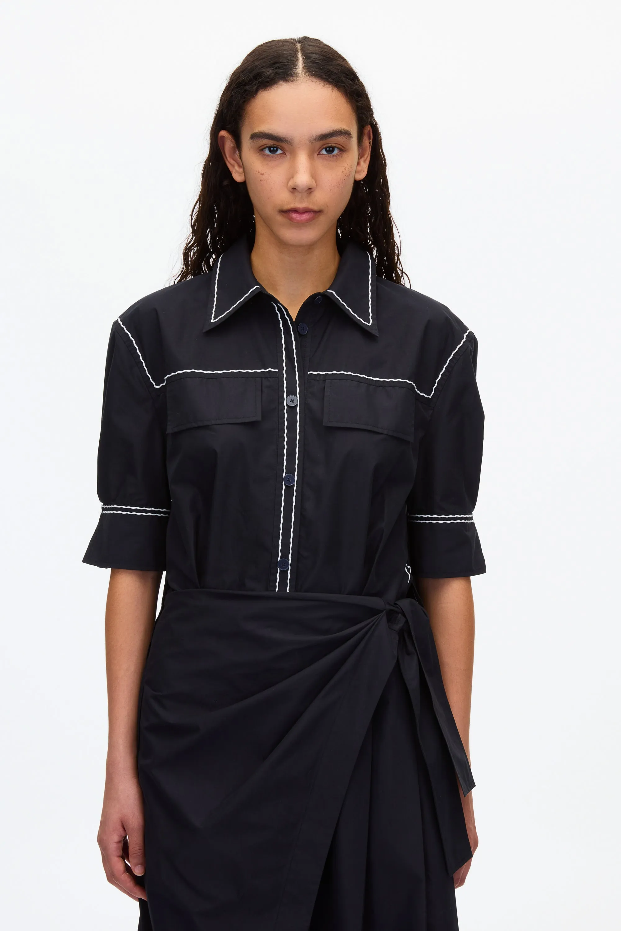 Shirt Dress with Wave Embroidery