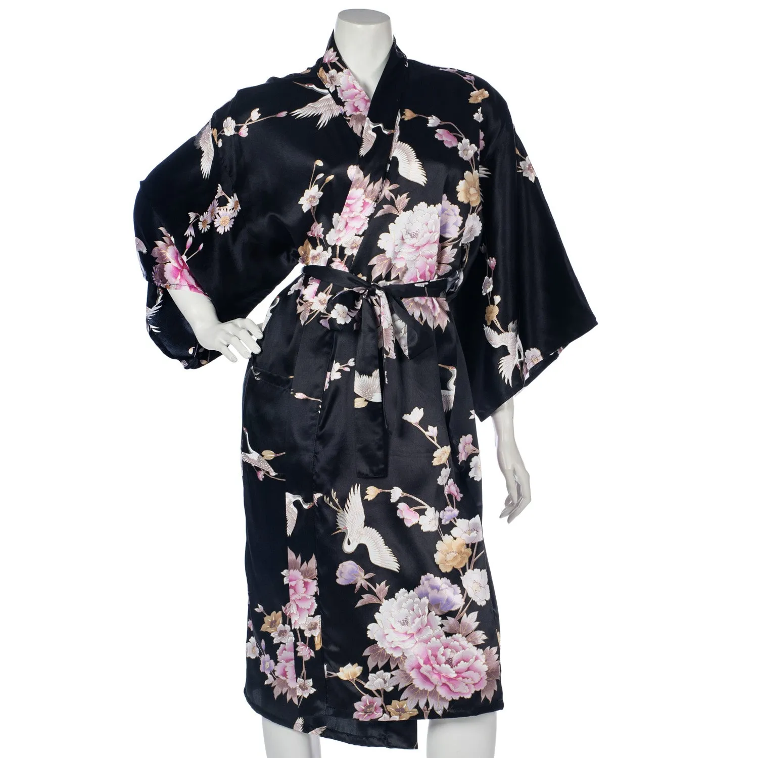 Short Black Silk Floral Crane Japanese Kimono