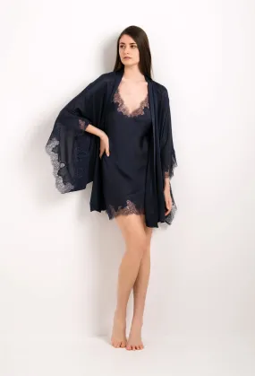 Short silk slip dress - midnight blue and blue Caudry lace