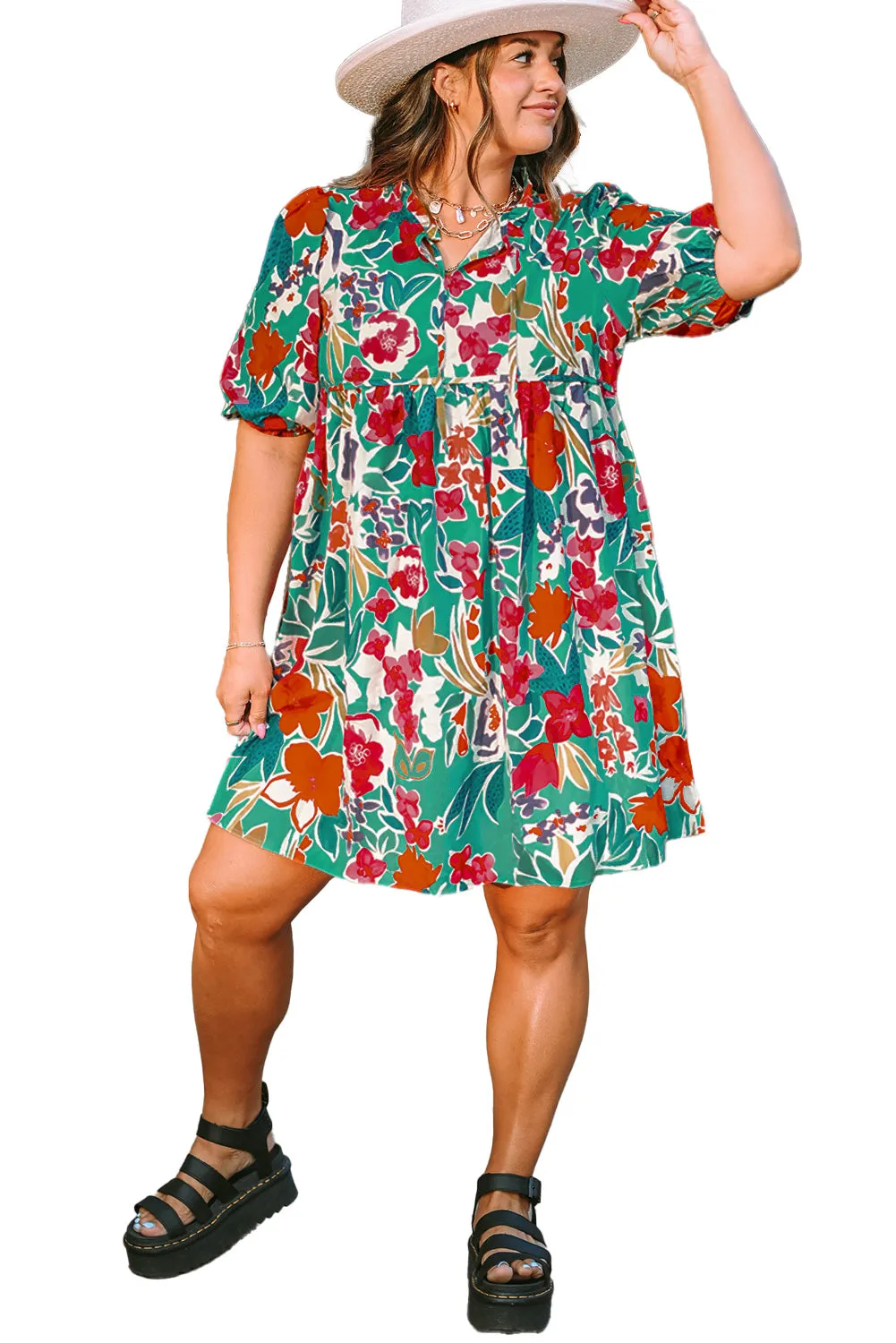 Sky Blue Plus Size Floral Print Puff Sleeve Tie Neck Babydoll Dress