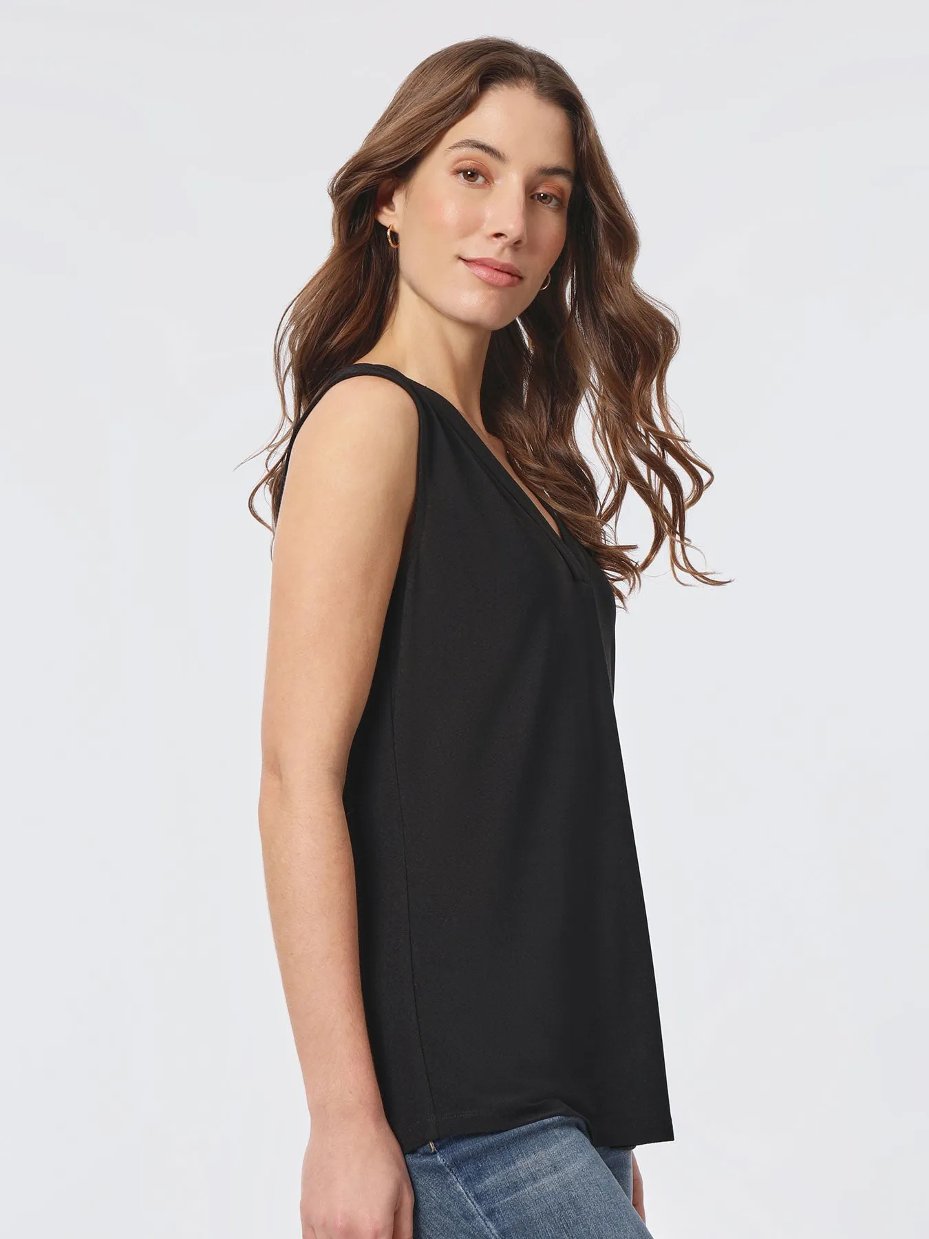 Sleeveless V-Neck Pleat Front Blouse