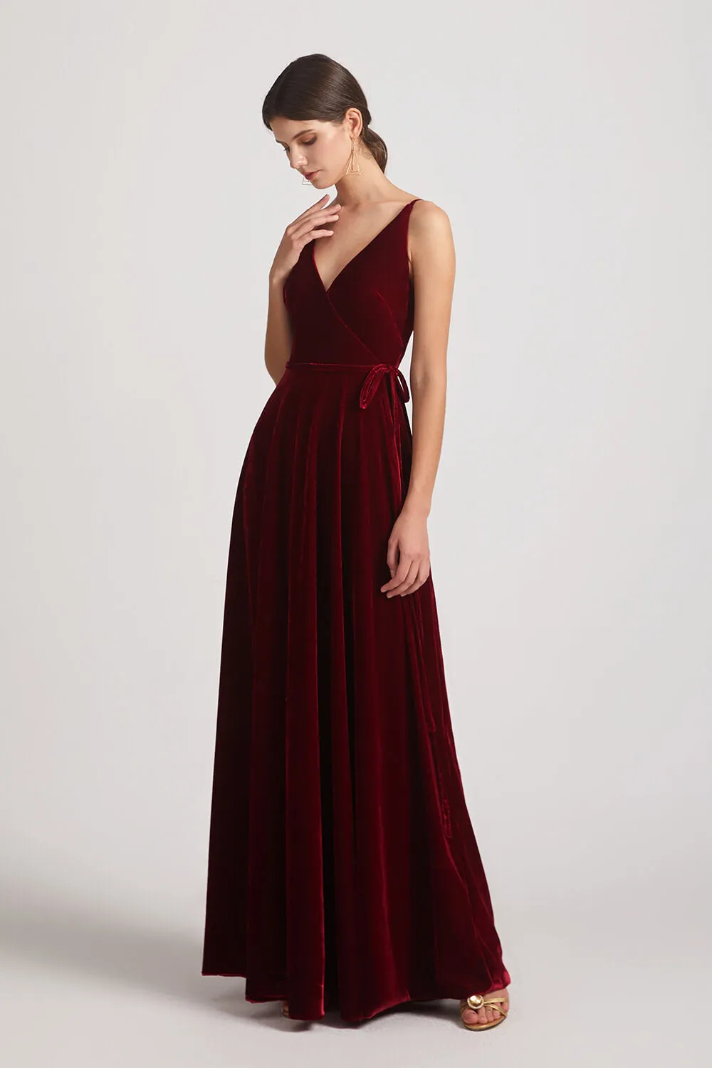 Spaghetti Straps Velvet Faux Wrap Bridesmaid Dresses With Waist Tie (AF0149)