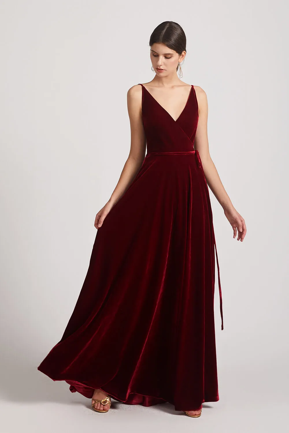 Spaghetti Straps Velvet Faux Wrap Bridesmaid Dresses With Waist Tie (AF0149)