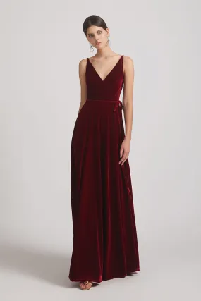 Spaghetti Straps Velvet Faux Wrap Bridesmaid Dresses With Waist Tie (AF0149)