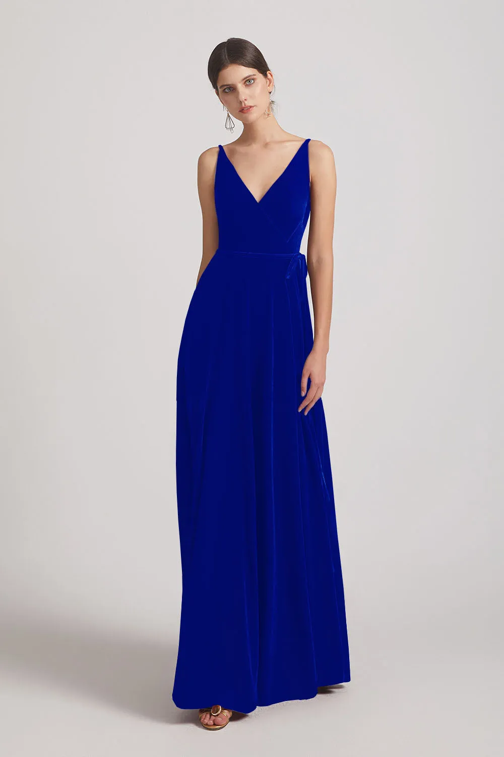 Spaghetti Straps Velvet Faux Wrap Bridesmaid Dresses With Waist Tie (AF0149)