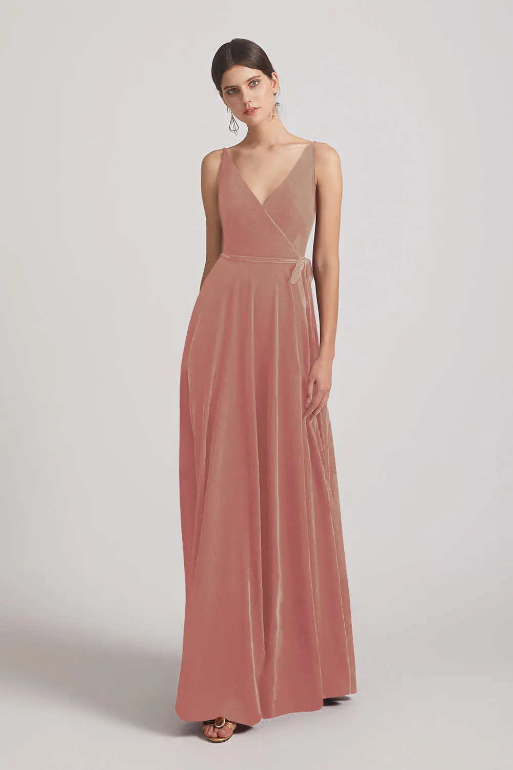 Spaghetti Straps Velvet Faux Wrap Bridesmaid Dresses With Waist Tie (AF0149)