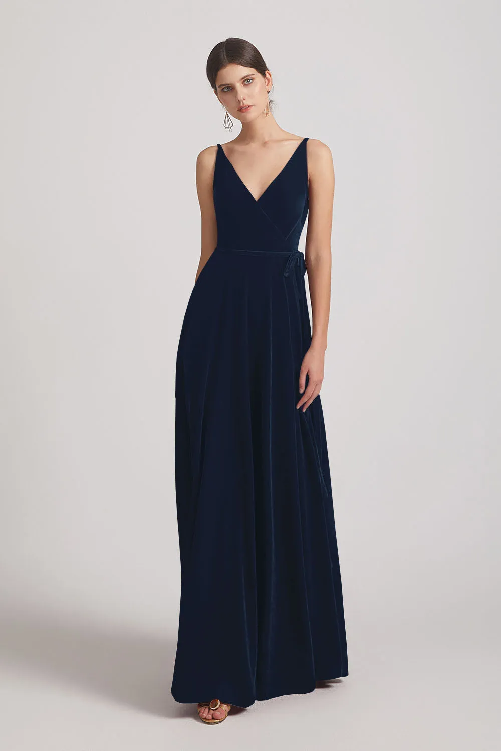 Spaghetti Straps Velvet Faux Wrap Bridesmaid Dresses With Waist Tie (AF0149)