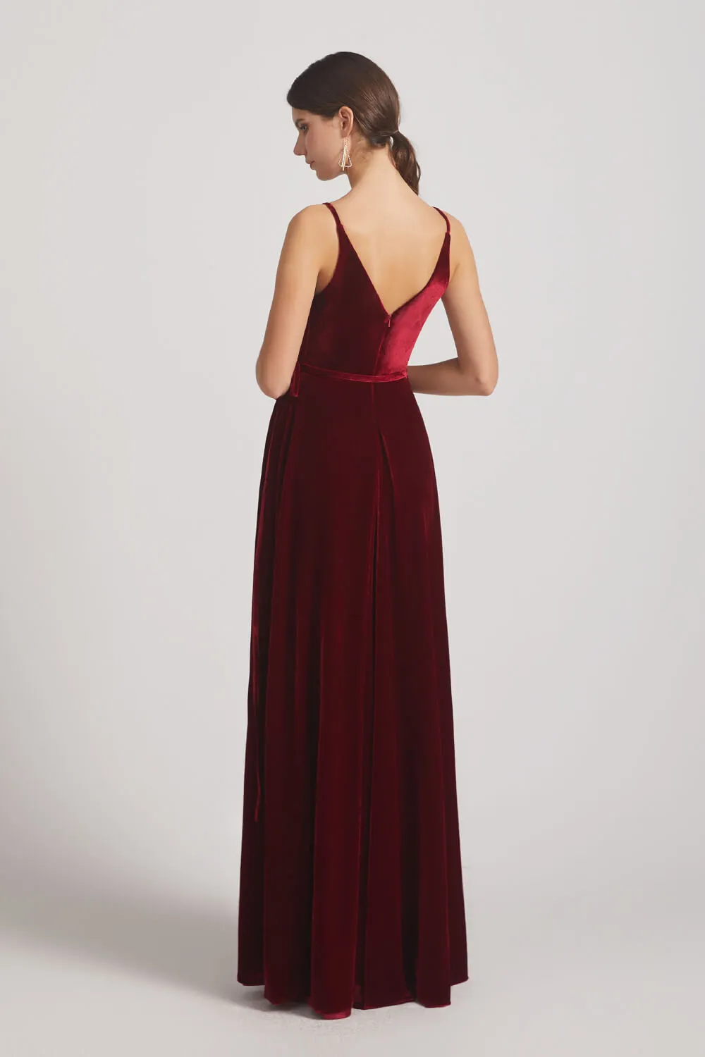 Spaghetti Straps Velvet Faux Wrap Bridesmaid Dresses With Waist Tie (AF0149)