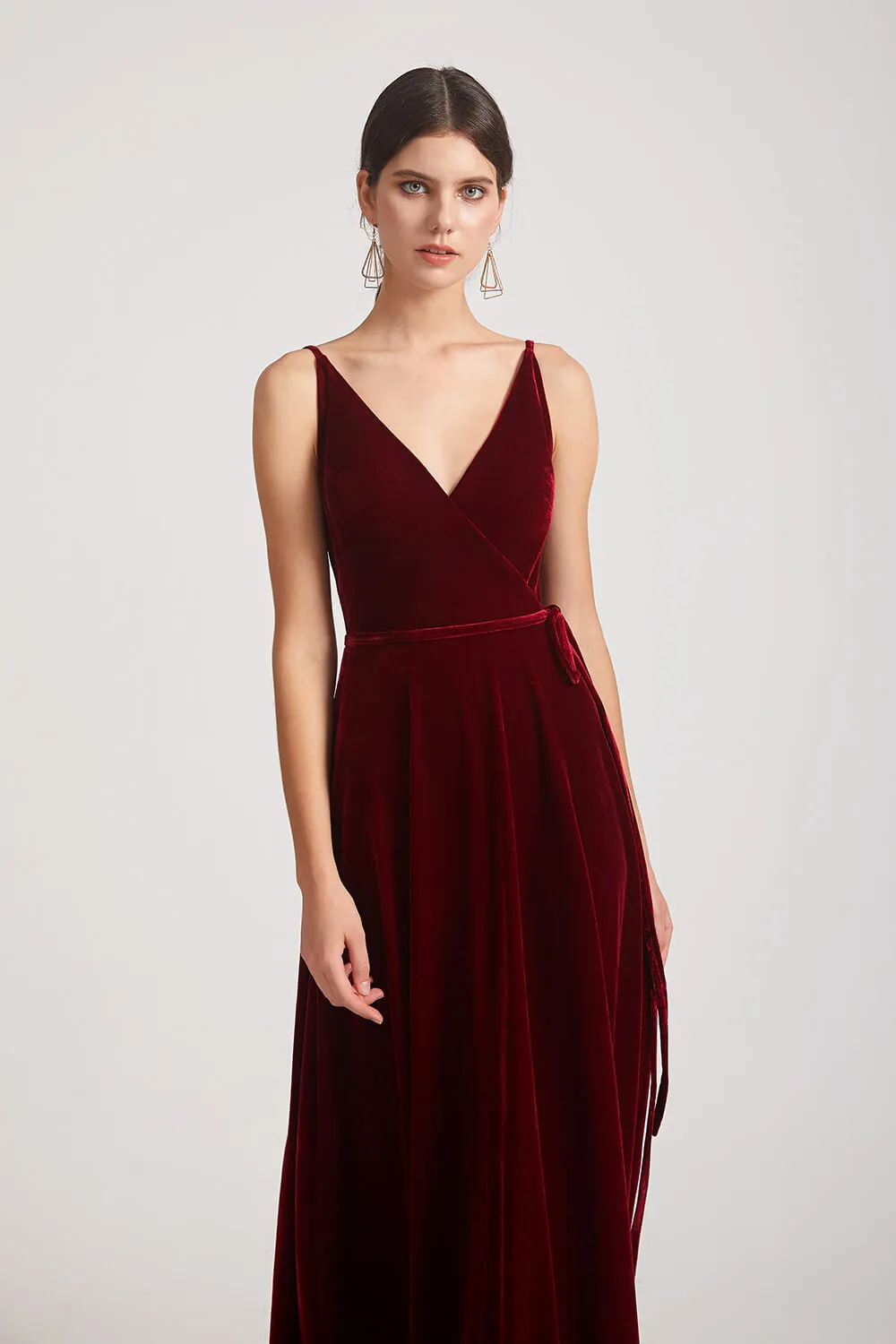 Spaghetti Straps Velvet Faux Wrap Bridesmaid Dresses With Waist Tie (AF0149)