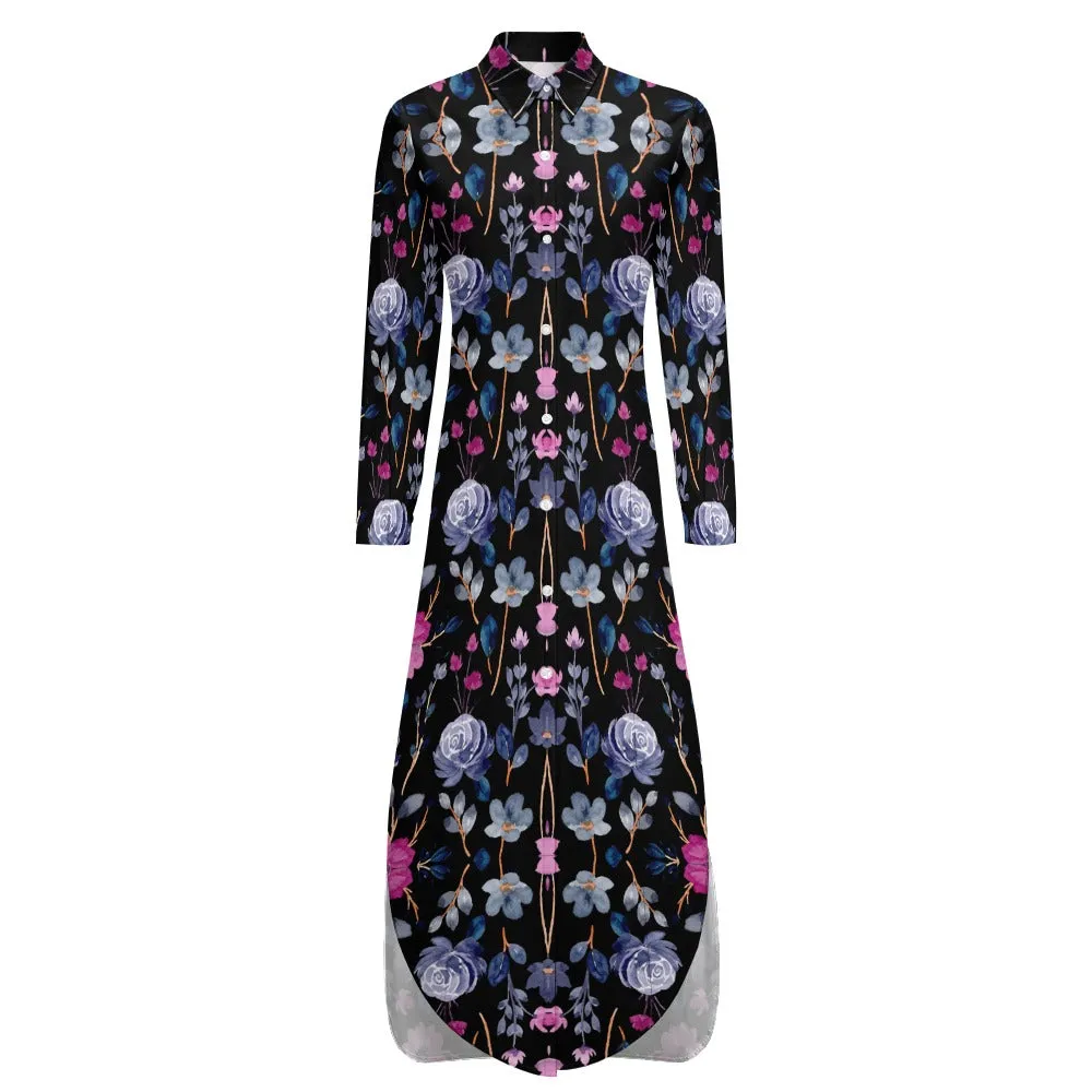 TABOO TIDE Women's Plus Size Floral All-Over Print Maxi Shirt Dress Button Front Collared Neck Long Sleeve Slit Leg