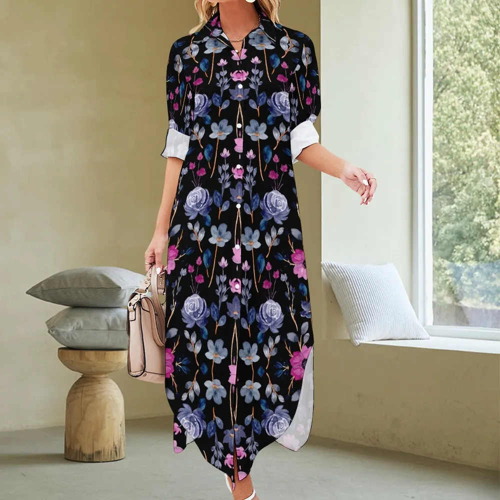 TABOO TIDE Women's Plus Size Floral All-Over Print Maxi Shirt Dress Button Front Collared Neck Long Sleeve Slit Leg