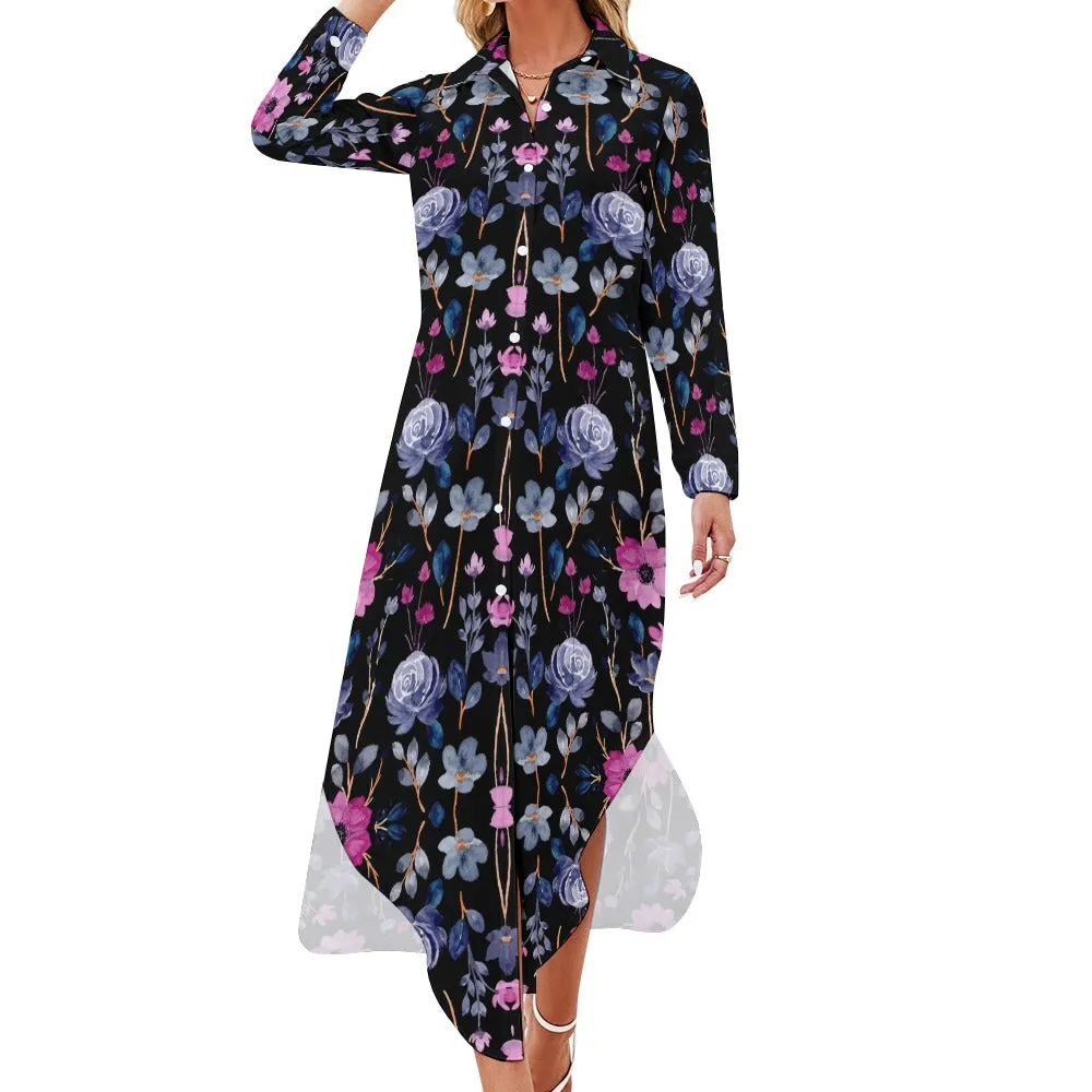 TABOO TIDE Women's Plus Size Floral All-Over Print Maxi Shirt Dress Button Front Collared Neck Long Sleeve Slit Leg