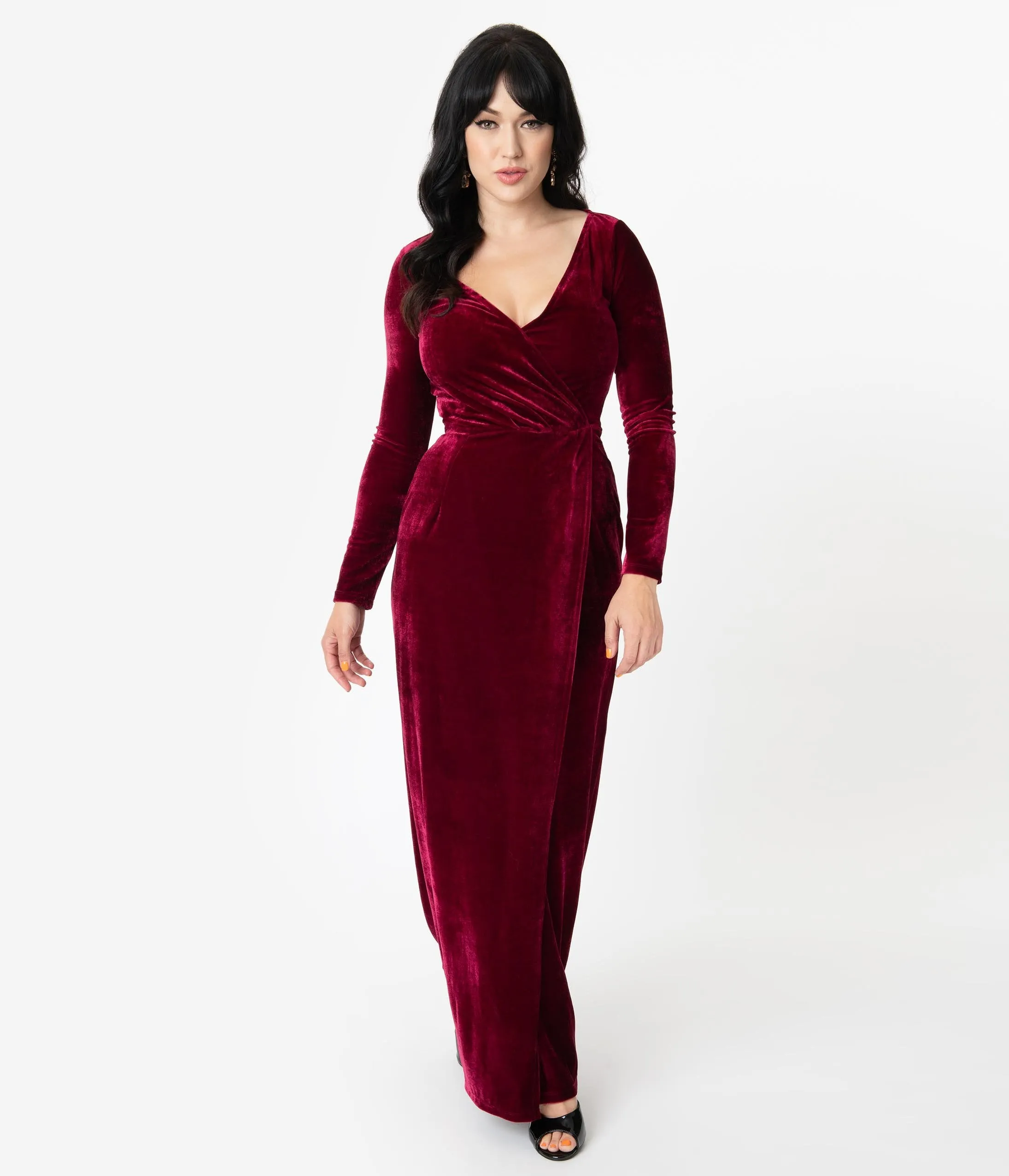 Unique Vintage Merlot Red Velvet Sleeved Warner Faux Wrap Dress