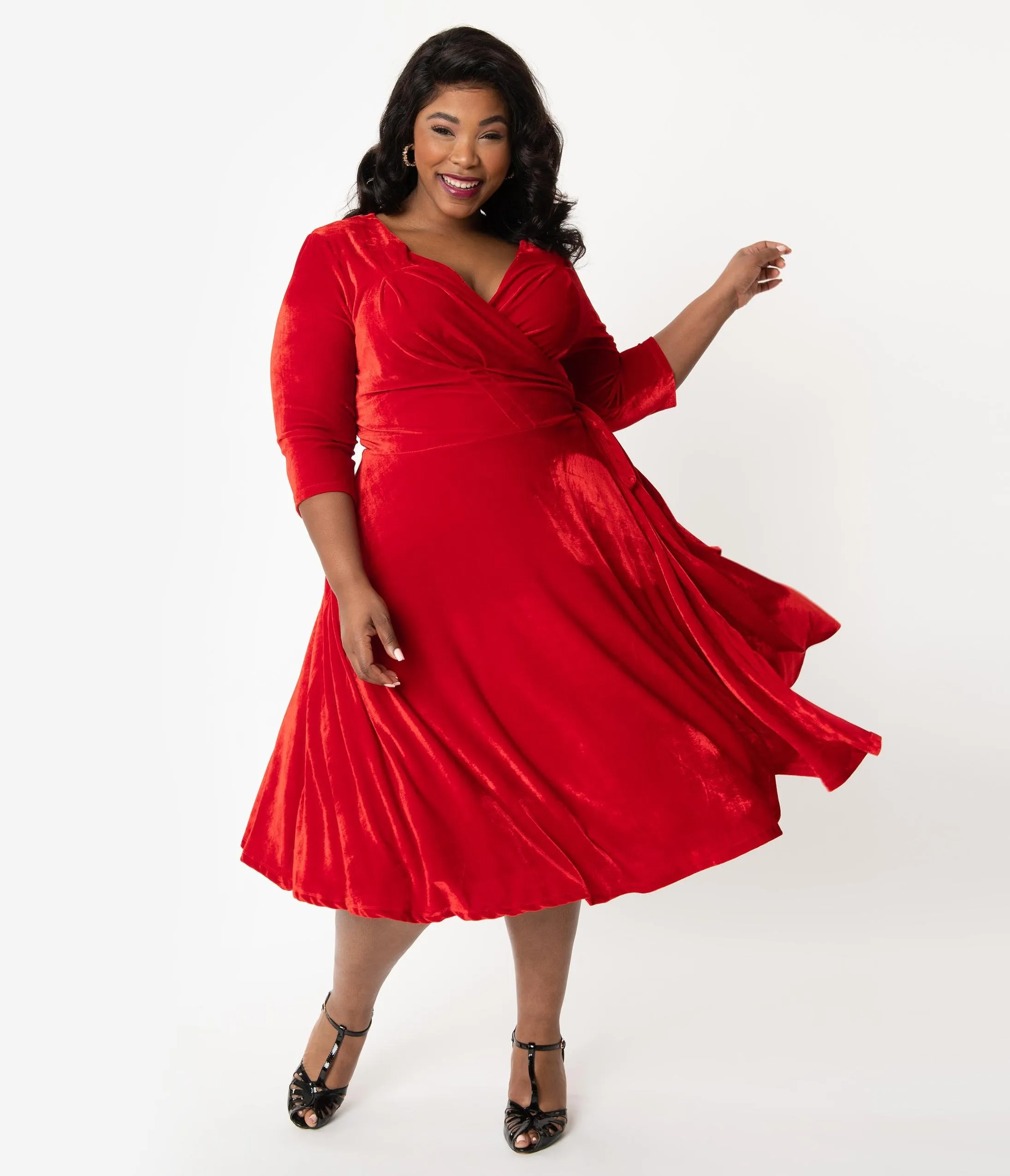 Unique Vintage Plus Size 1940s Red Velvet Kelsie Wrap Dress