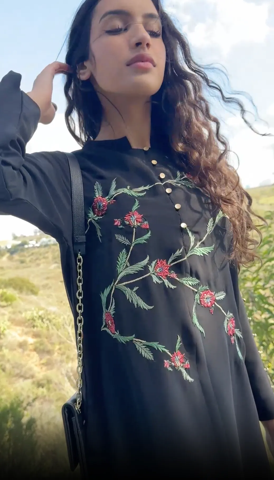 Uzma Chiffon Embroidered Long Modest Tunic - Black