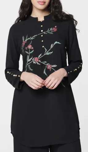 Uzma Chiffon Embroidered Long Modest Tunic - Black