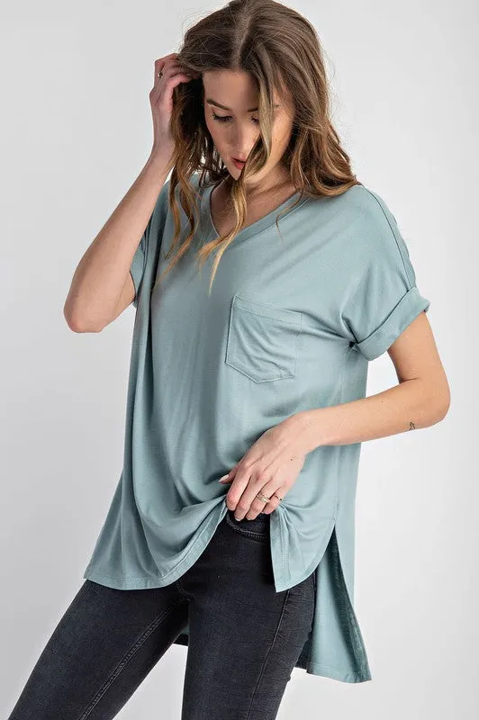 V NECK BASIC HIGH LOW HEM TOP