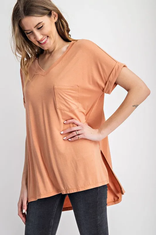 V NECK BASIC HIGH LOW HEM TOP