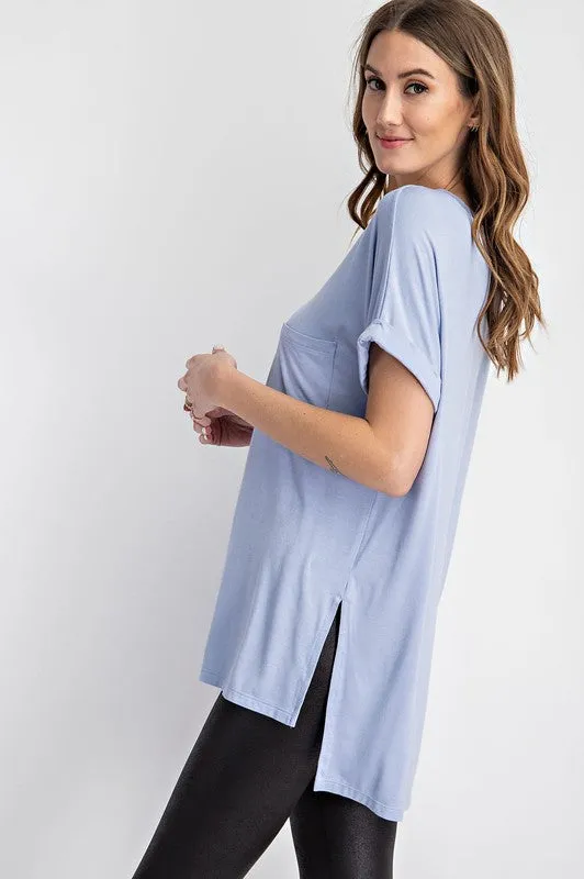 V NECK BASIC HIGH LOW HEM TOP