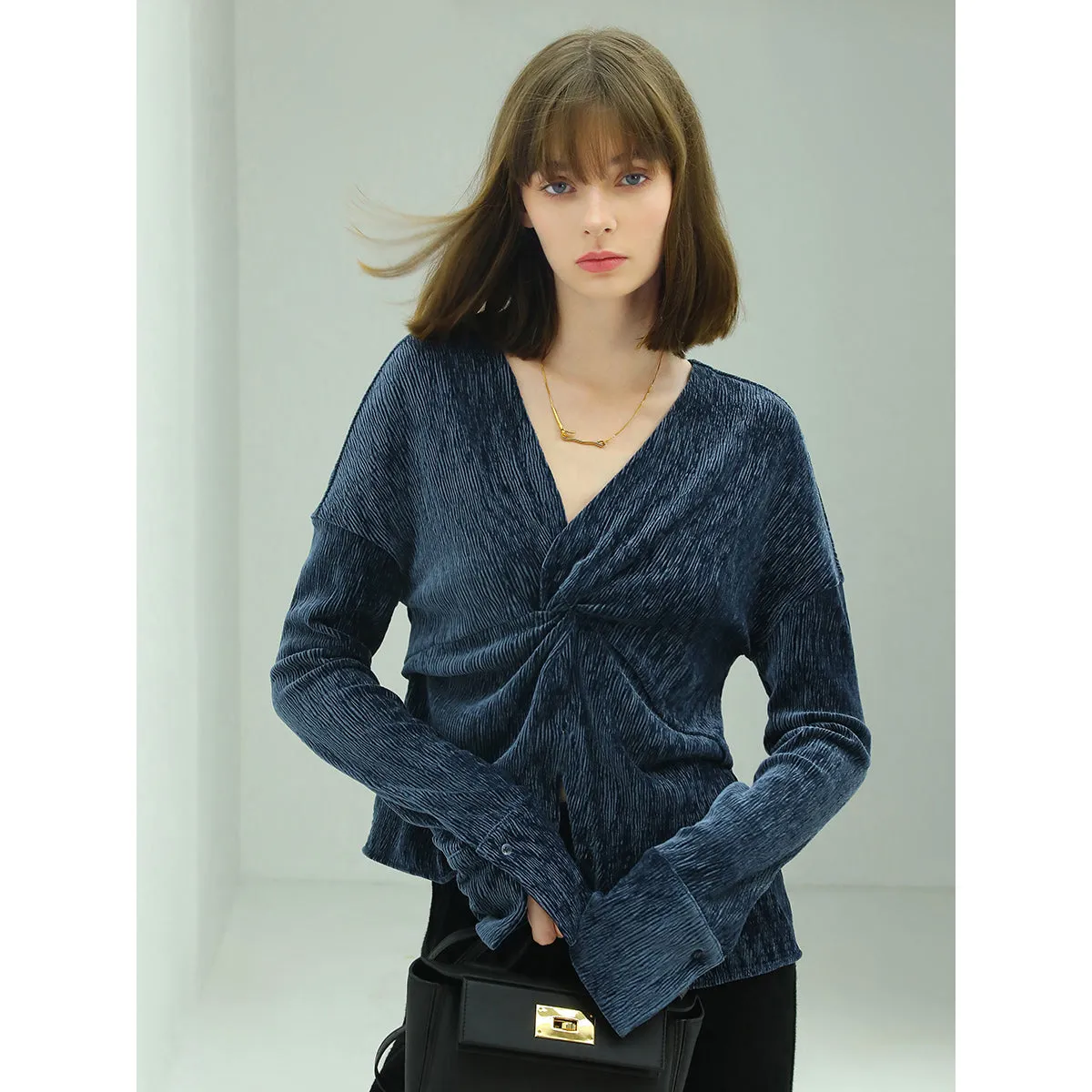 Velvet Wrap Navy Knit Top