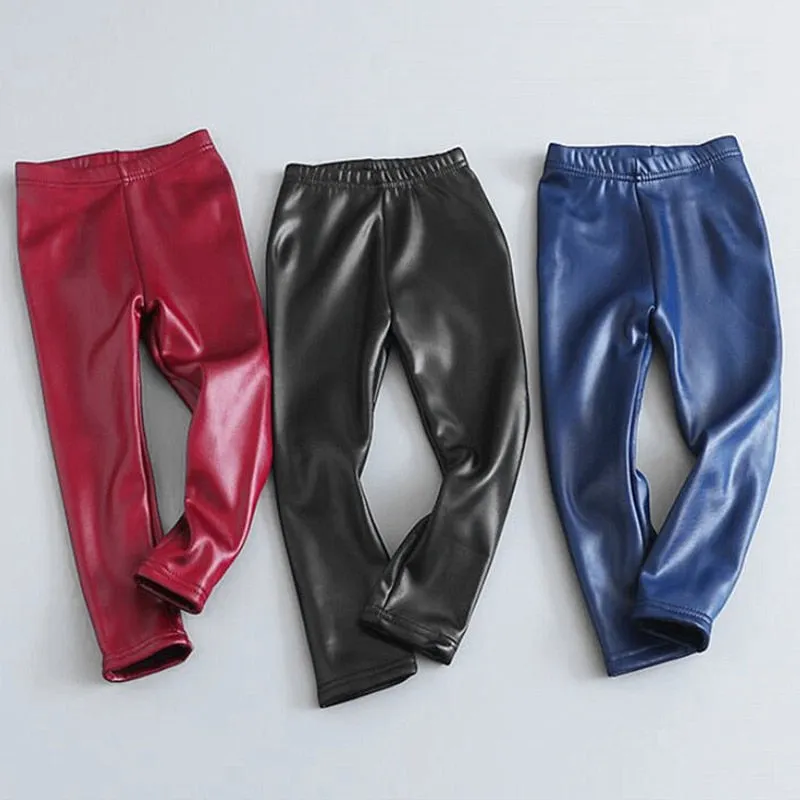 Winter Thick Velvet Pencil Faux PU Leather Legging For Girls