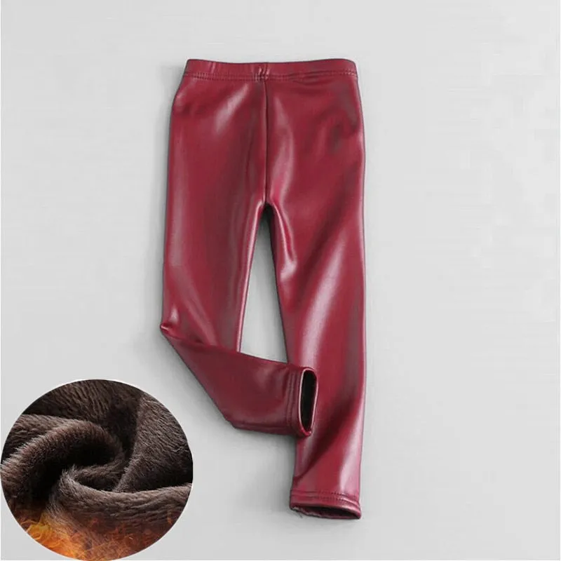 Winter Thick Velvet Pencil Faux PU Leather Legging For Girls