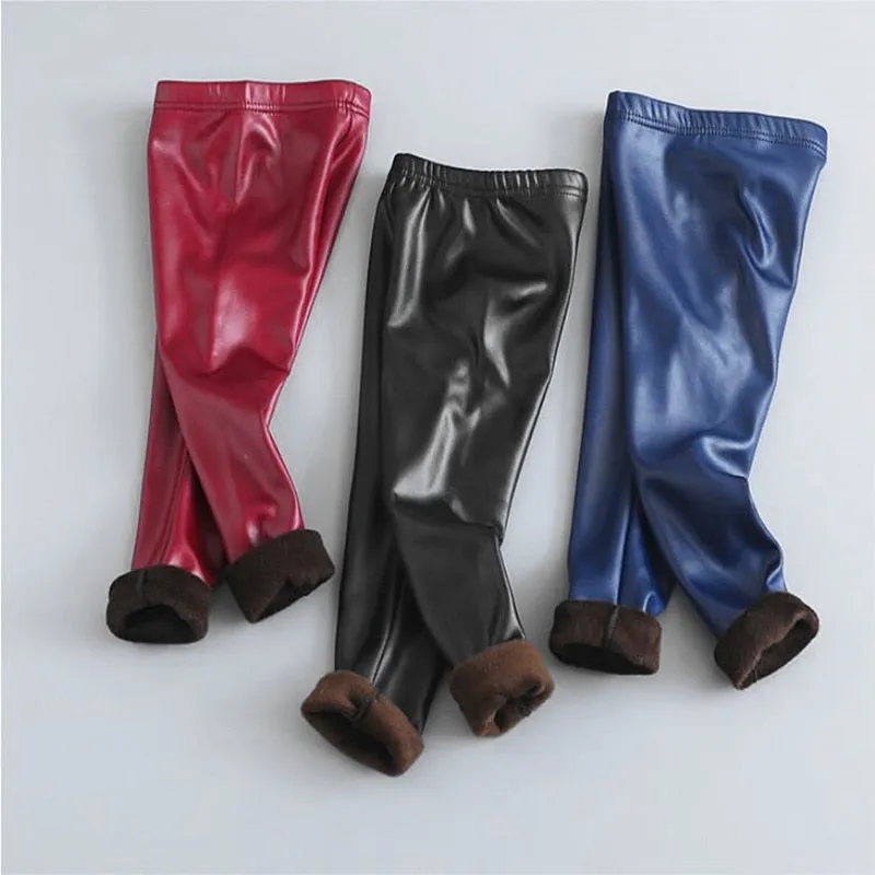 Winter Thick Velvet Pencil Faux PU Leather Legging For Girls