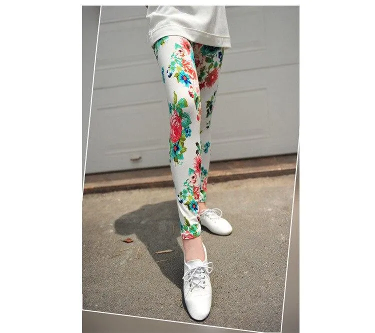 Women Elastic Design Vintage Graffiti Floral Patterned Print Leggings