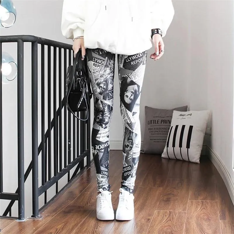 Women Elastic Design Vintage Graffiti Floral Patterned Print Leggings