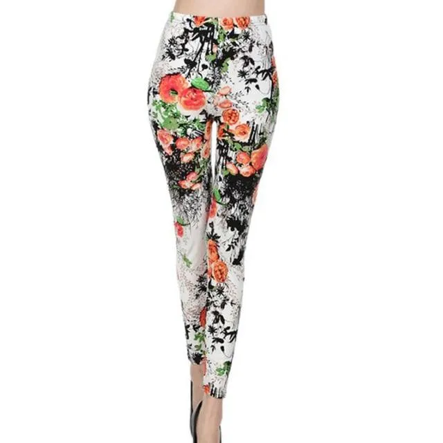 Women Elastic Design Vintage Graffiti Floral Patterned Print Leggings