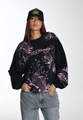 Womens Koi River Graphic Relaxed Crew Neck Sweatshirt - Charcoal