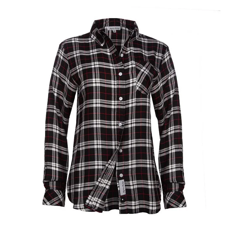 Women's Long Sleeve Rayon Plaid Shirt. Black/Cream. Style# 8459